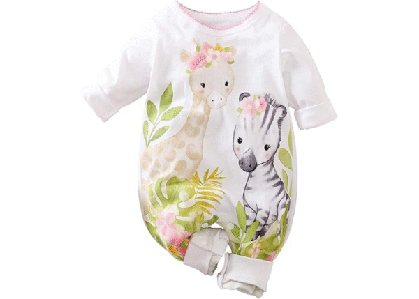 Cute Giraffe + Zebra With Floral Print Long Sleeve Baby Girl Clothes White Jumpsuit For Baby One-Piece Romper - Image 2