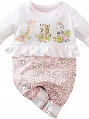 Cute Giraffe + Zebra With Floral Print Long Sleeve Baby Girl Clothes White Jumpsuit For Baby One-Piece Romper