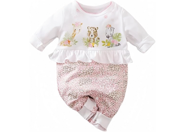 Cute Giraffe + Zebra With Floral Print Long Sleeve Baby Girl Clothes White Jumpsuit For Baby One-Piece Romper